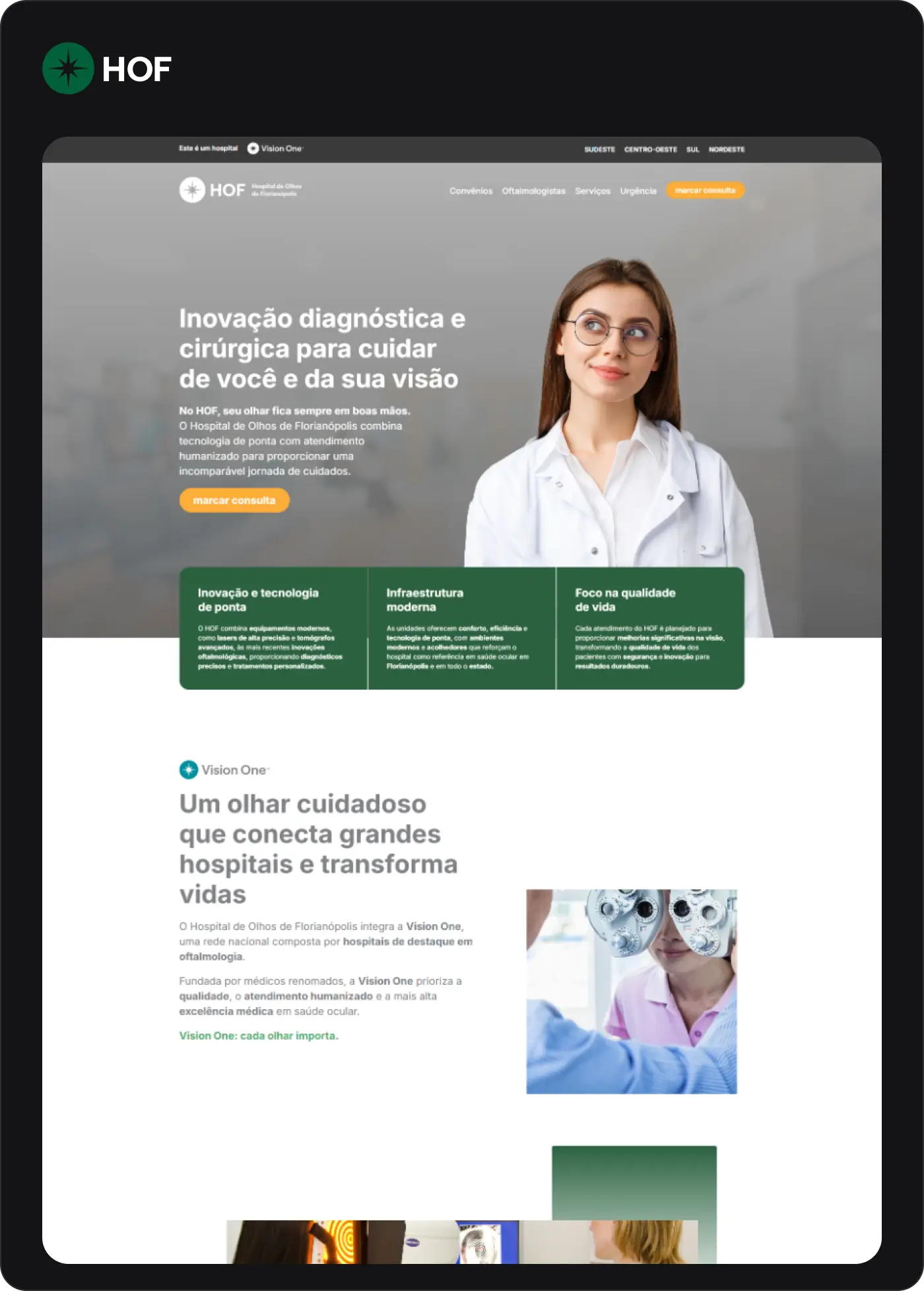printscreen de site da Vision One, HOF Hospital de Olhos de Florianópolis