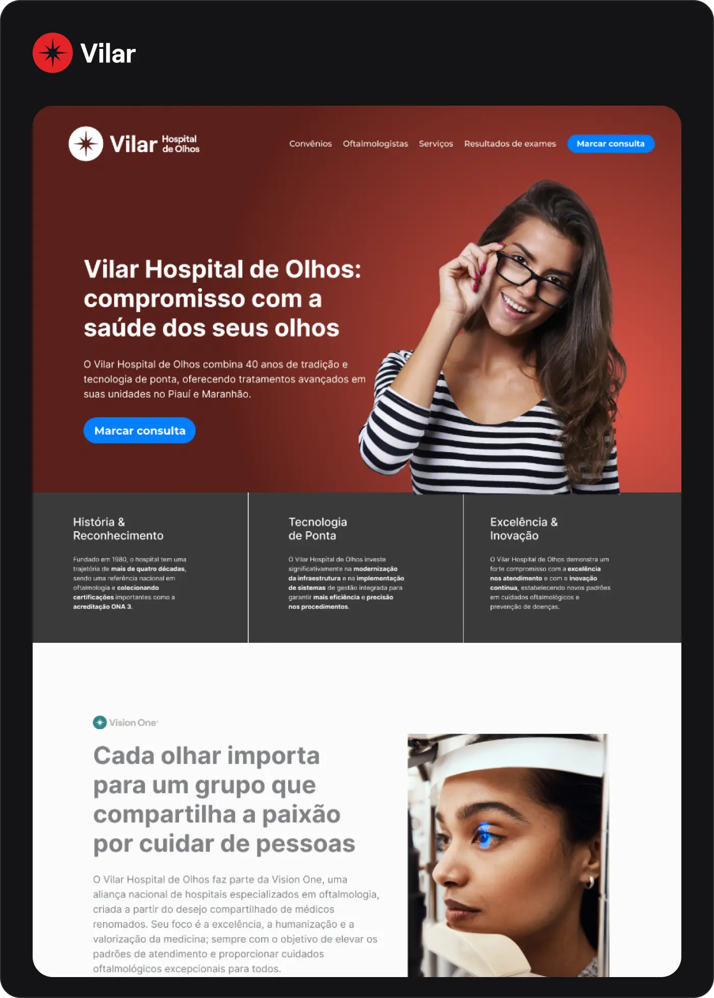 printscreen de site da Vision One, Vilar Hospital de Olhos